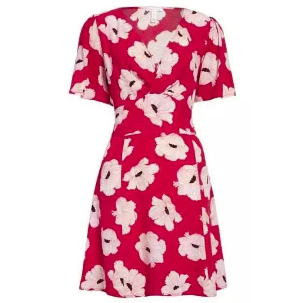 Leith Women's Twist Front A-Line Minidress in Red Beetroot Linear Floral XS $49
